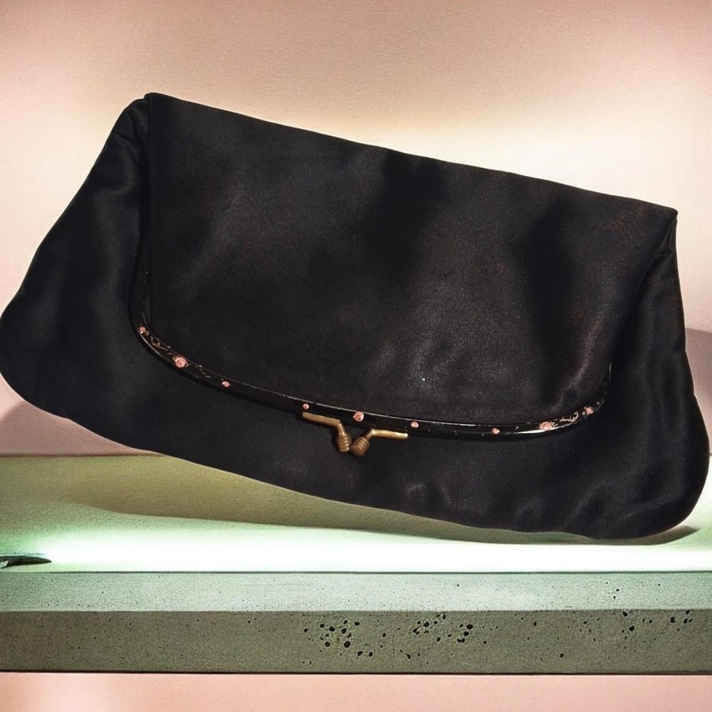Vintage 80s Black satin clutch purse with gold hardware and pink rose accents